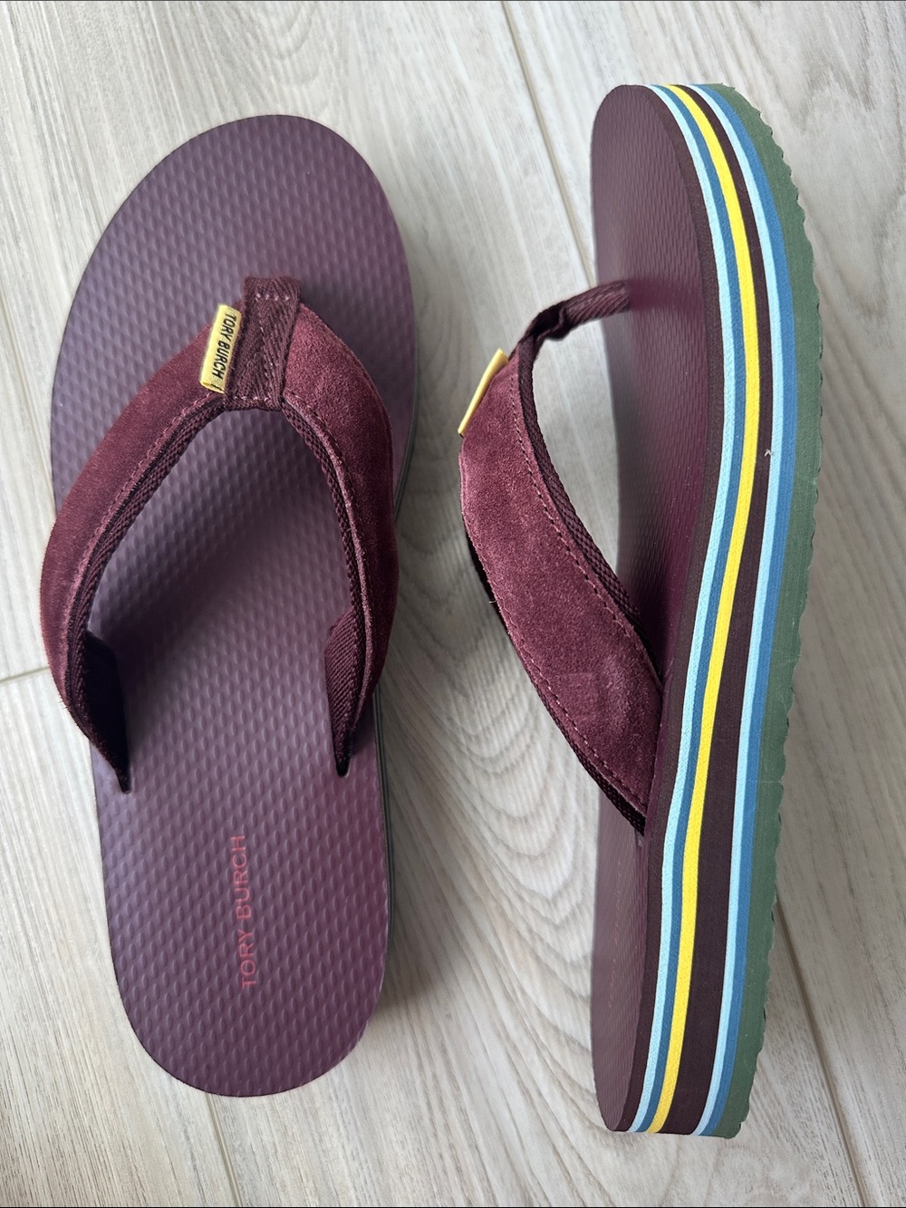 Tory Burch Burgundy Suede Platform Flip Flops with Multi-Striped Sole size 9
